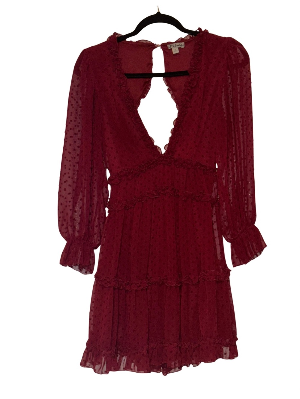 Women's Burgundy V-Neck Long-Sleeve Tiered Backless Mini Dress